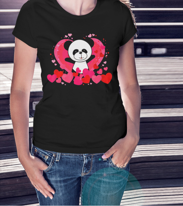 Cute Panda Surrounded By Pink And Red Hearts With Large Heart Background T-Shirt