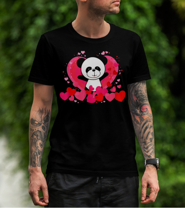 Cute Panda Surrounded By Pink And Red Hearts With Large Heart Background T-Shirt