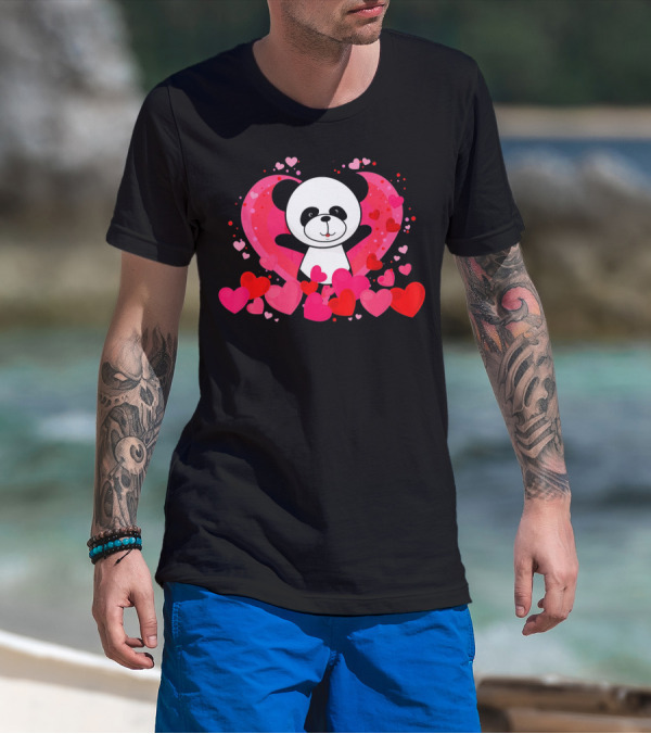 Cute Panda Surrounded By Pink And Red Hearts With Large Heart Background T-Shirt