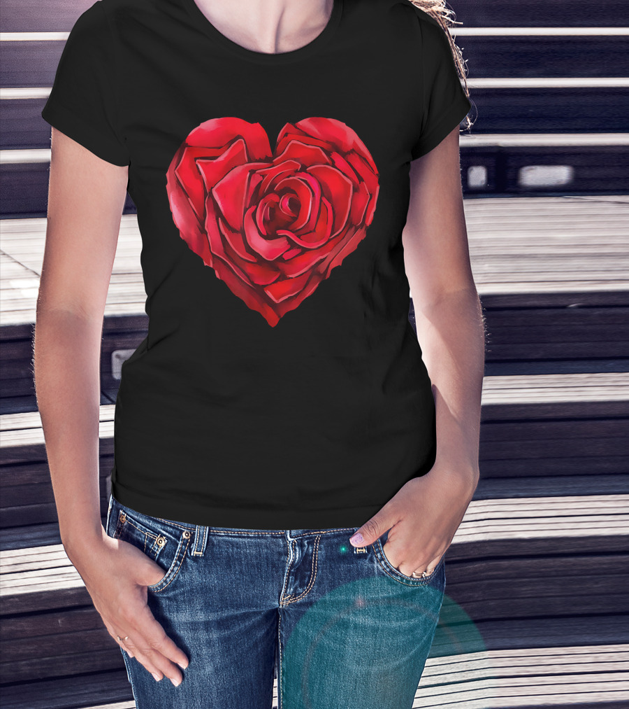 Cute Red Heart Rose Flower Art Bloom Blossom T-Shirt