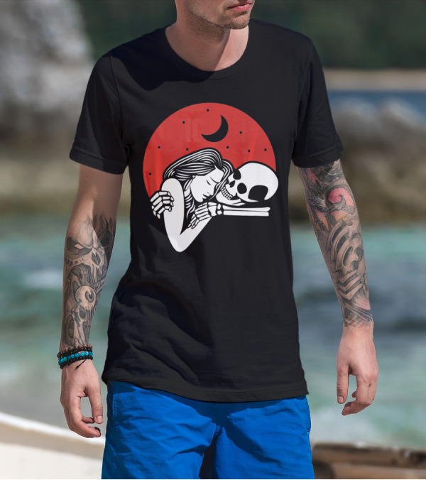 Cute Skeleton Romantic Valentines Moon Embrace T-Shirt