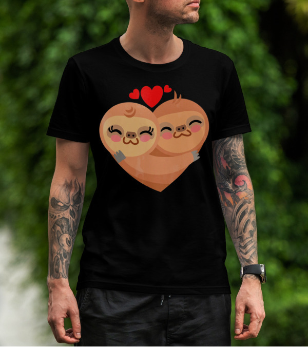 Cute Sloth Love Heart Valentines Pair With Red Hearts T-Shirt