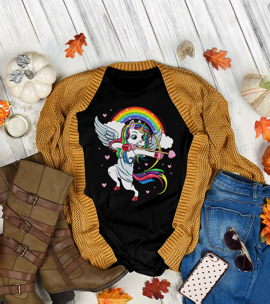 Cute Unicorn Cupid Rainbow Valentines Day Heart Girls T-Shirt
