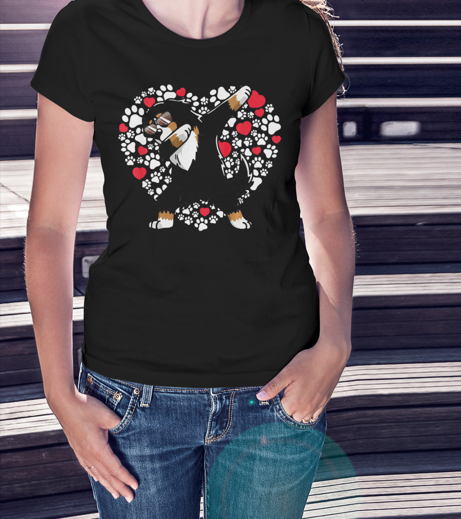 Bernese Mountain Dog Dabbing Heart Paw Prints Valentine T-Shirt