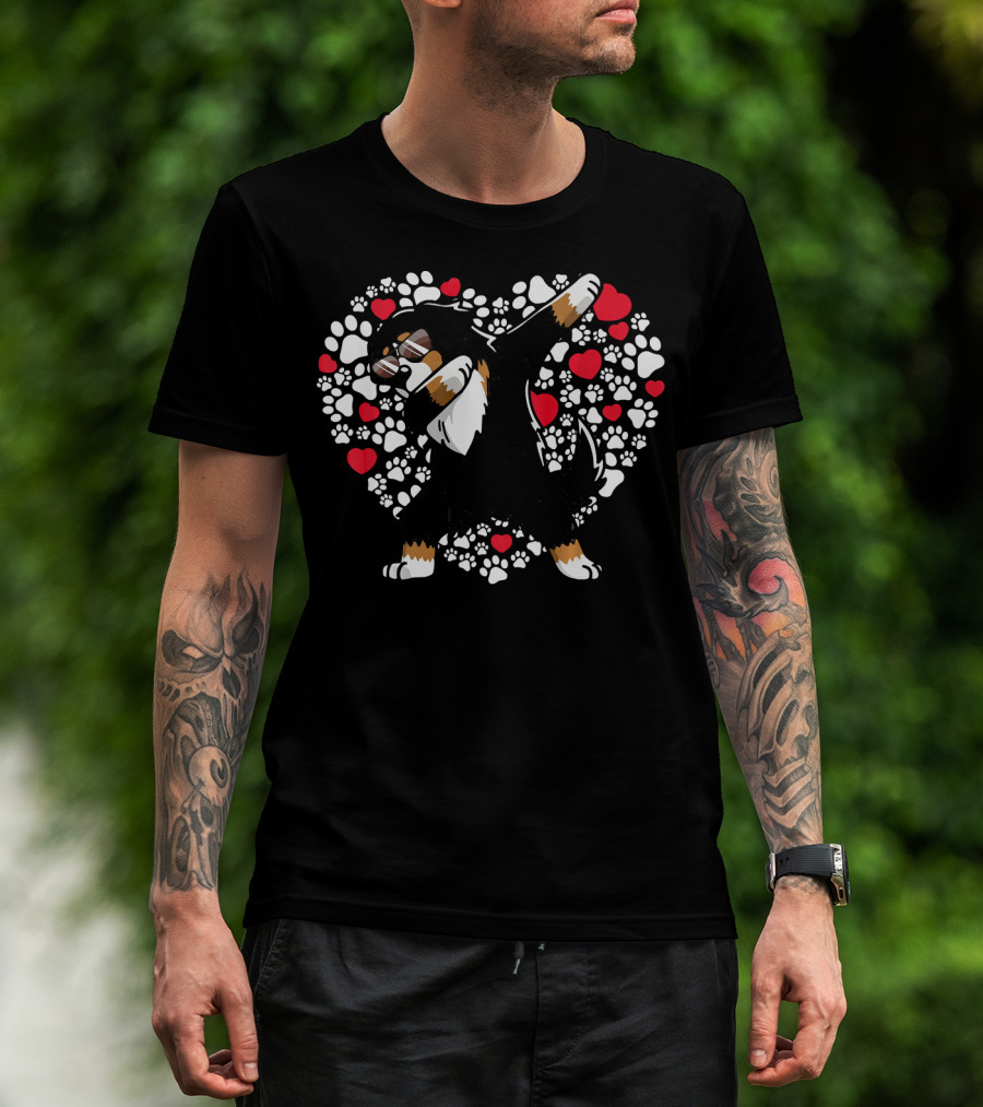Bernese Mountain Dog Dabbing Heart Paw Prints Valentine T-Shirt