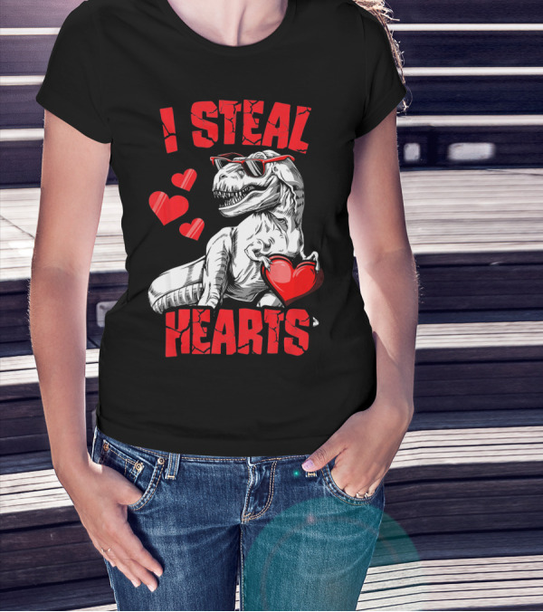 I Steal Hearts Boys Valentines Day Kids Dinosaur T-Shirt