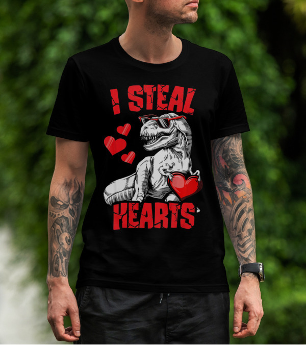 I Steal Hearts Boys Valentines Day Kids Dinosaur T-Shirt