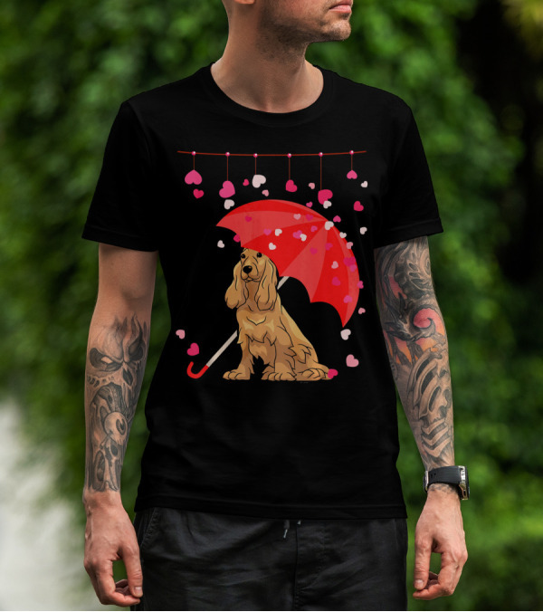 Cocker Spaniel Under Red Umbrella With Falling Hearts Valentines T-Shirt