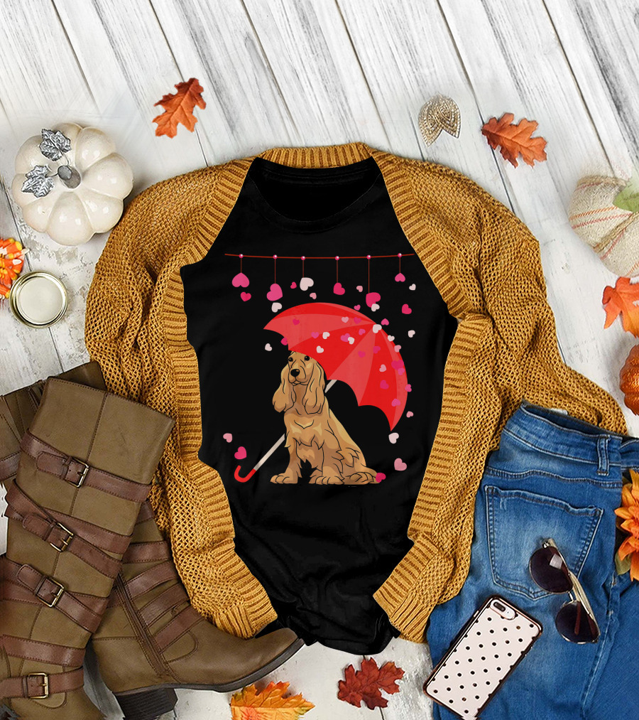 Cocker Spaniel Under Red Umbrella with Falling Hearts Valentines T-Shirt