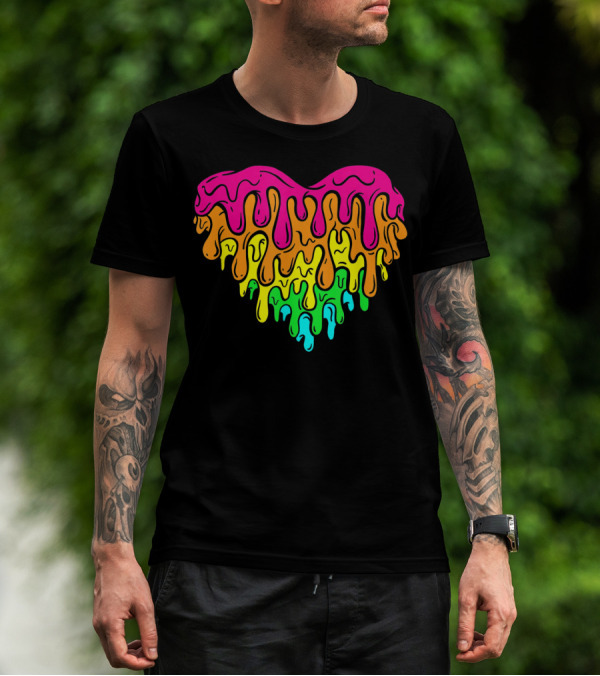 Cool Retro 80s Neon Dripping Rainbow Valentines Day Heart T-Shirt
