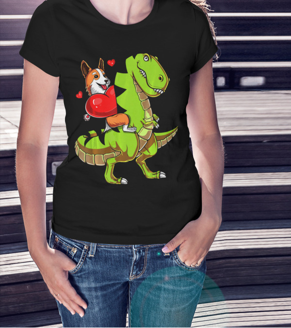 Corgi Dog Riding T-Rex Dinosaur With Hearts Valentin T-Shirt
