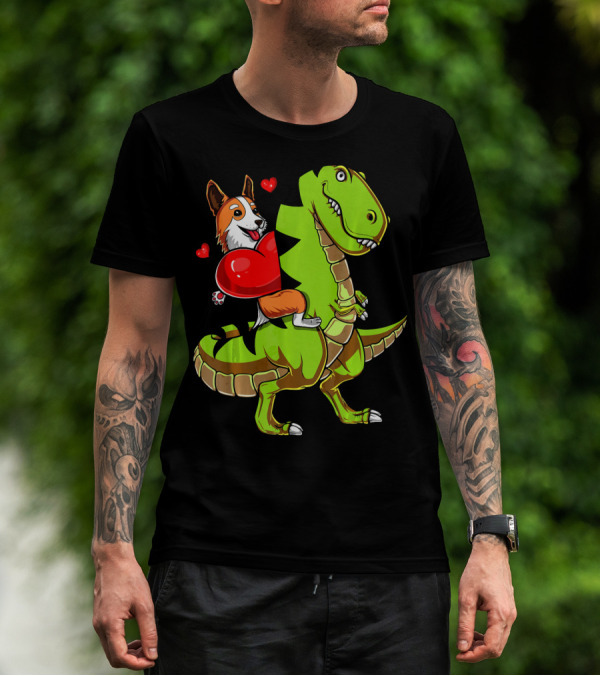Corgi Dog Riding T-Rex Dinosaur With Hearts Valentin T-Shirt