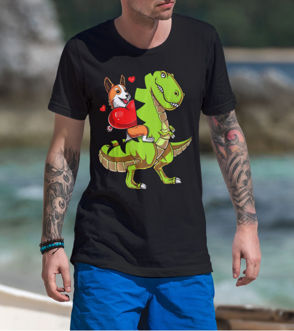 Corgi Dog Riding T-Rex Dinosaur With Hearts Valentin T-Shirt