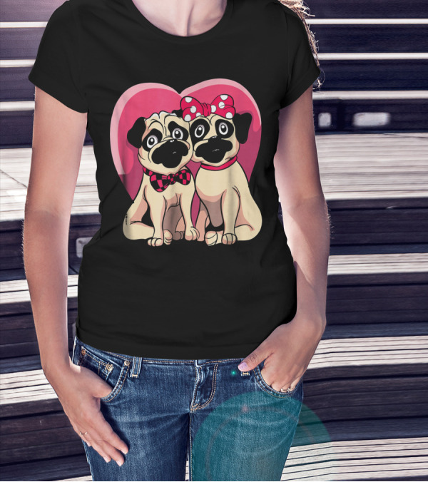 Cute Pug Valentine Puppy Love Co Heart Bow Tie Bow T-Shirt