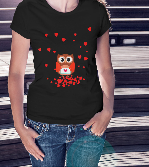Valentine Owl Holding Love Letter Surrounded By Hearts T-Shirt