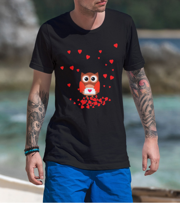 Valentine Owl Holding Love Letter Surrounded By Hearts T-Shirt
