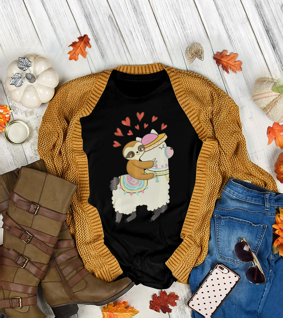 Cute Sloth Riding Llama Heart Va Love Llama Adventure T-Shirt