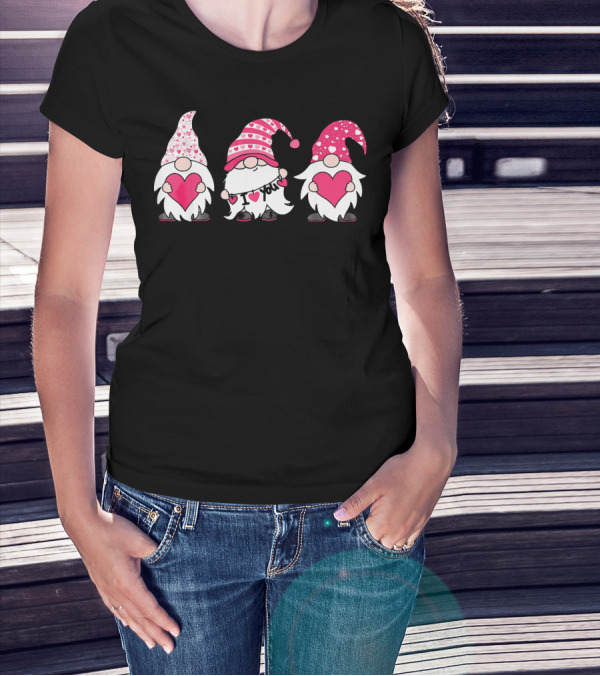 Cute Three Gnomes Holding I Love You Hearts T-Shirt