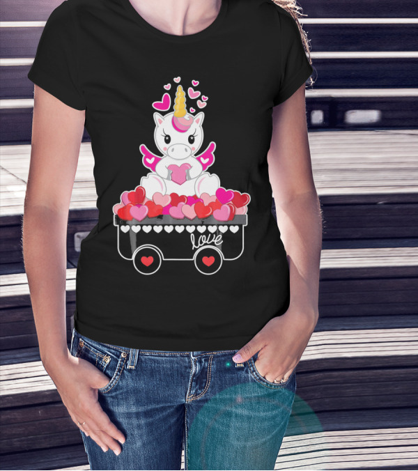 Valentines Day Unicorn Love Wagon With Hearts T-Shirt