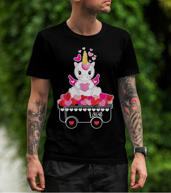 Valentines Day Unicorn Love Wagon With Hearts T-Shirt