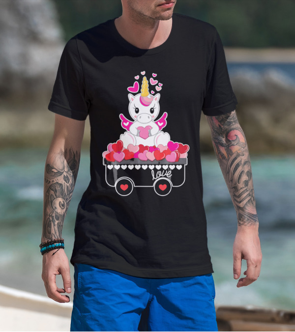 Valentines Day Unicorn Love Wagon With Hearts T-Shirt