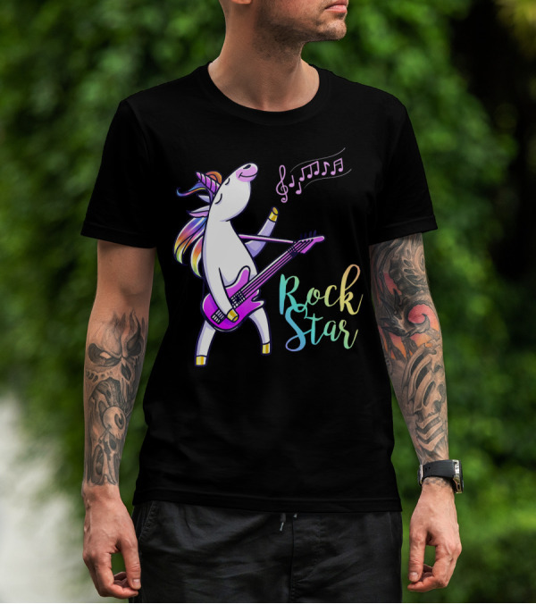 Unicorn Rock Star With Guitar And Musical Notes T-Shirt