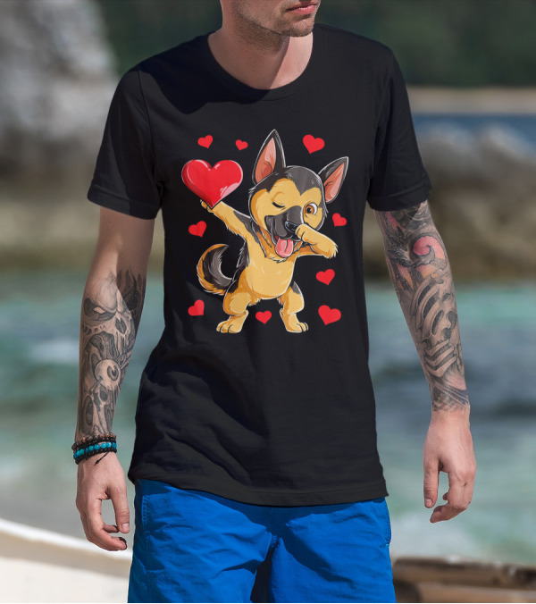 Dabbing German Shepherd Holding Heart Surrounded By Red Valentines Hearts T-Shirt