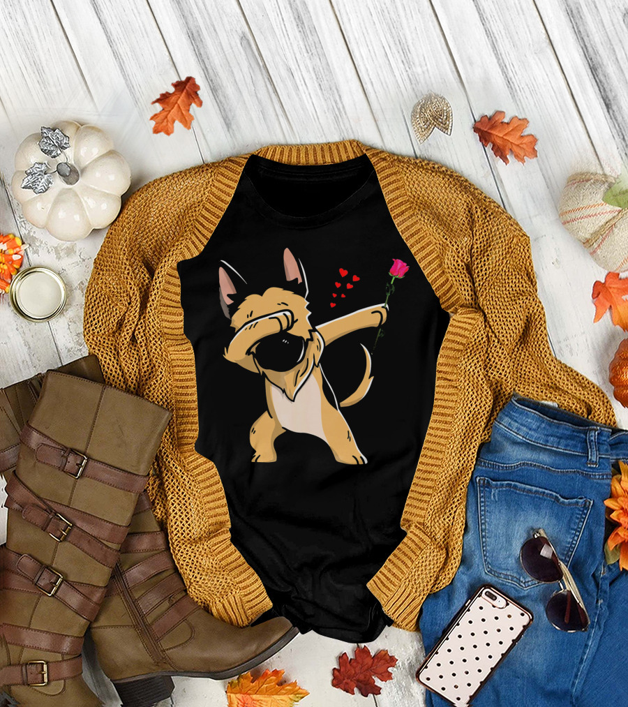 Dabbing German Shepherd with Rose and Hearts Valentines T-Shirt