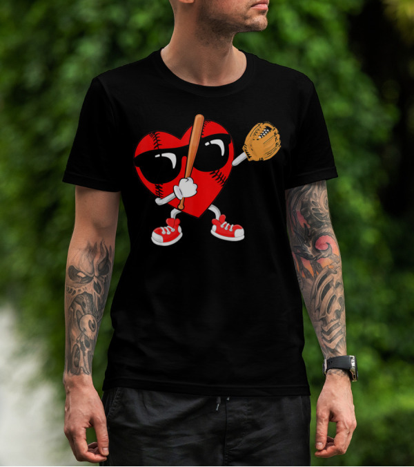 Dabbing Heart Baseball Love Valentines Sunglasses And Sneakers T-Shirt