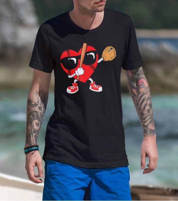 Dabbing Heart Baseball Love Valentines Sunglasses And Sneakers T-Shirt