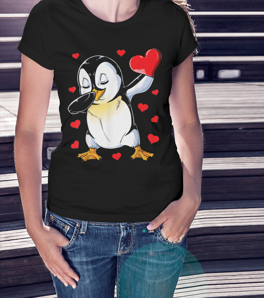 Valentines Dabbing Penguin With Heart Surrounded By Red Hearts T-Shirt