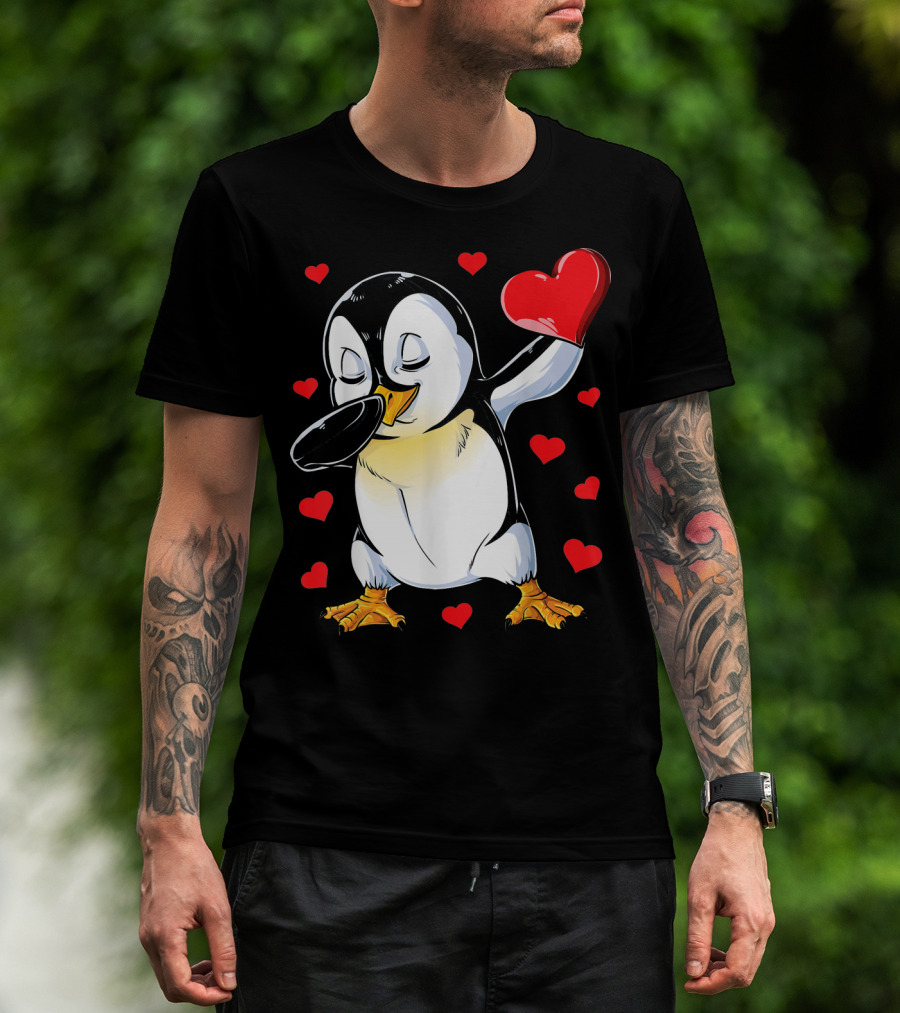 Valentines Dabbing Penguin With Heart Surrounded By Red Hearts T-Shirt