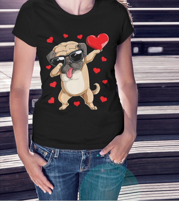 Dabbing Pug Holding Heart Surrounded By Red Hearts Valentines Day T-Shirt