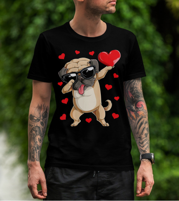 Dabbing Pug Holding Heart Surrounded By Red Hearts Valentines Day T-Shirt