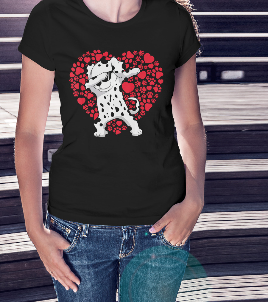 Dalmatian Dog Dabbing With Heart-Shaped Paw Print Valentine Fun T-Shirt