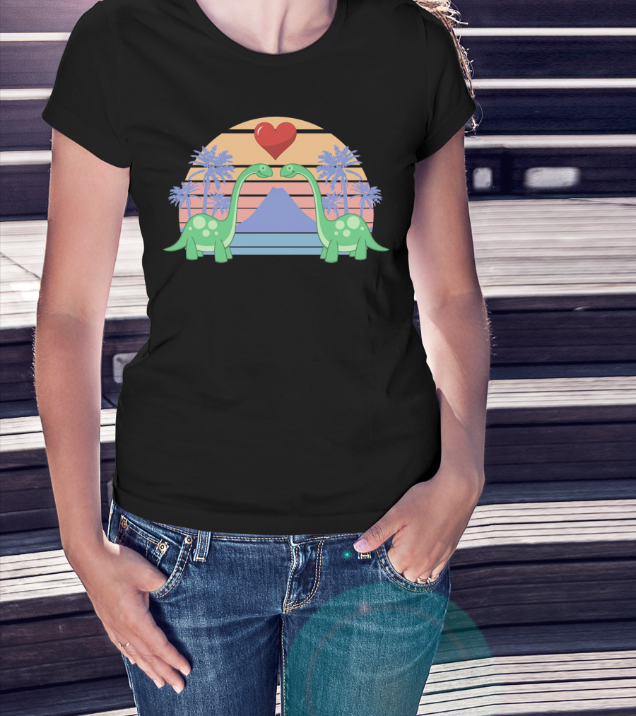 Dino Valentine Romantic Sunset With Heart And Palm Trees T-Shirt