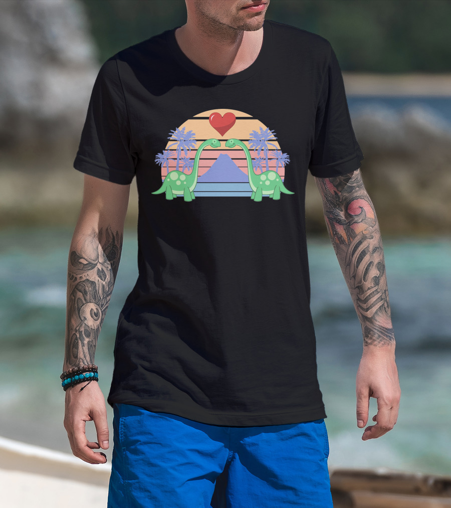 Dino Valentine Romantic Sunset With Heart And Palm Trees T-Shirt