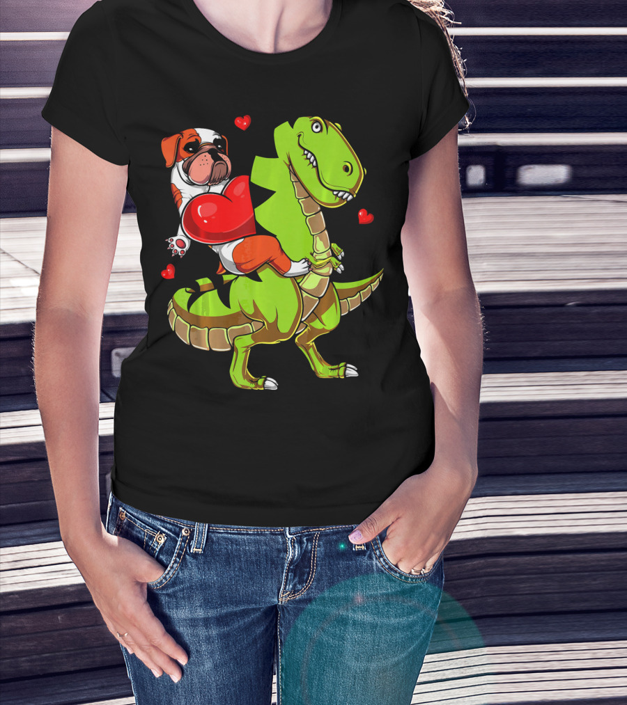 English Bulldog Hugging Red Heart Riding Green T-Rex Dinosaur With Hearts T-Shirt