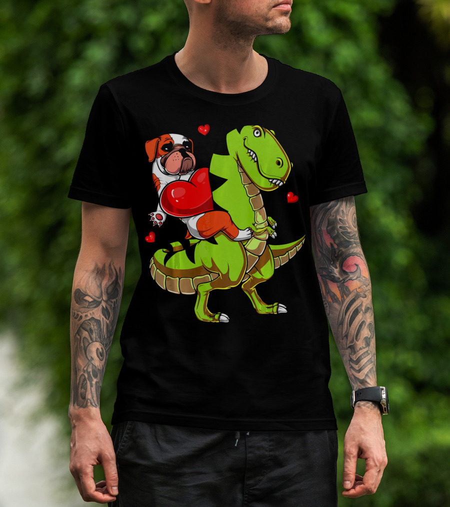 English Bulldog Hugging Red Heart Riding Green T-Rex Dinosaur With Hearts T-Shirt