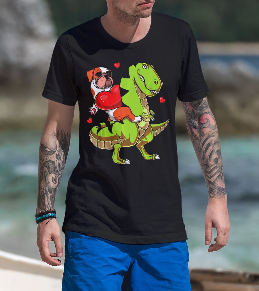 English Bulldog Hugging Red Heart Riding Green T-Rex Dinosaur With Hearts T-Shirt