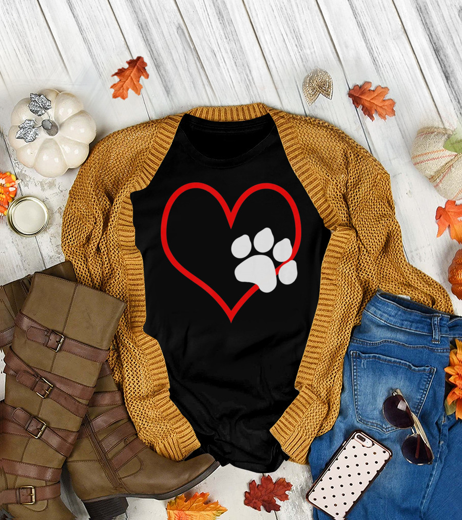 Dog and Cat Owner Valentine's Day Heart with Paw Prints T-Shirt