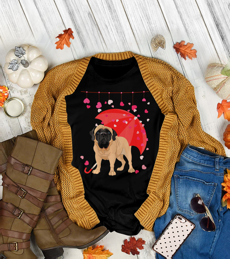 English Mastiff Under Red Umbrella with Raining Hearts Valentine T-Shirt