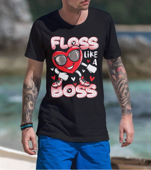 Floss Like A Boss Dancing Heart Sunglasses Valentines Fun T-Shirt
