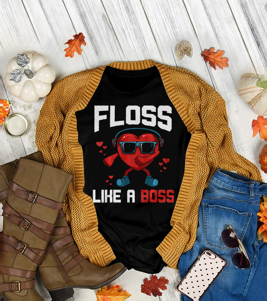 Floss Like A Boss Heart Sunglasses Headphones Valentine's Day T-Shirt