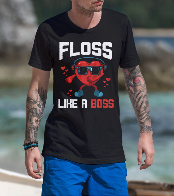 Floss Like A Boss Heart Sunglasses Headphones Valentine's Day T-Shirt