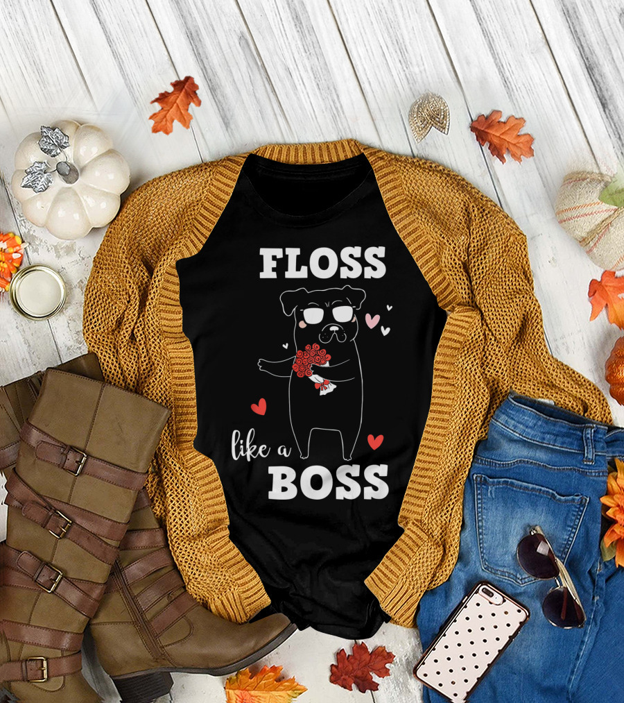 Floss Like A Boss Valentines Day Dog Holding Flowers With Hearts T-Shirt
