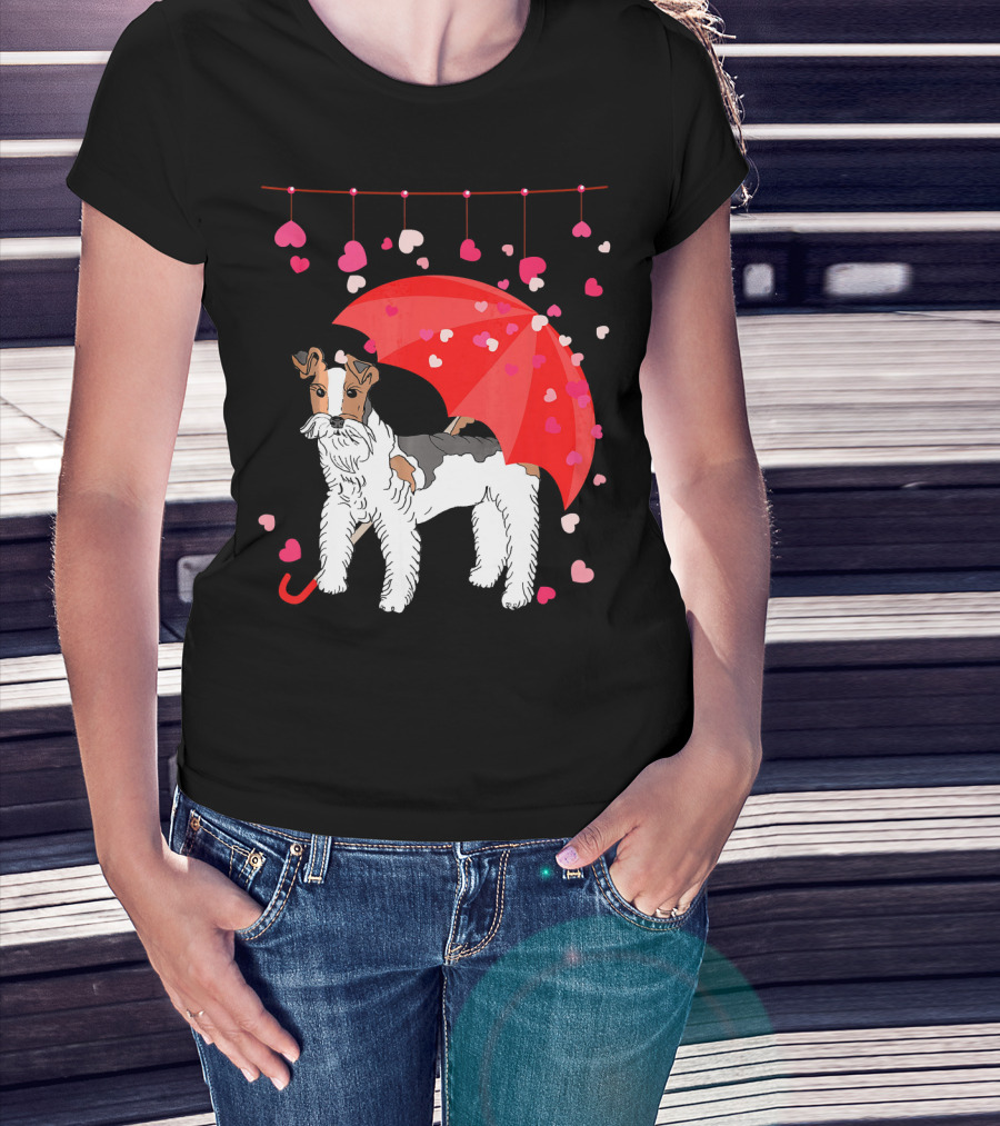 Fox Terrier With Red Umbrella And Falling Hearts Valentines T-Shirt