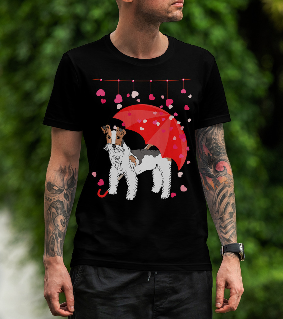 Fox Terrier With Red Umbrella And Falling Hearts Valentines T-Shirt