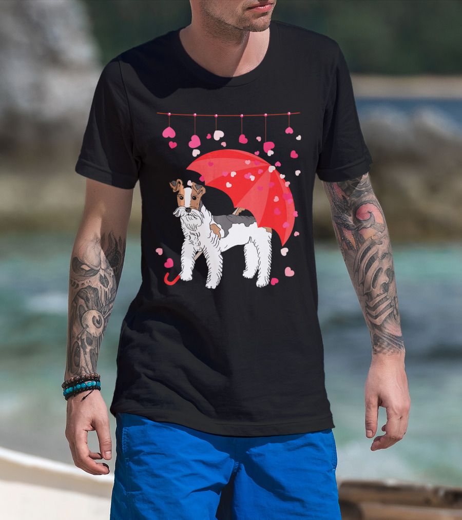 Fox Terrier With Red Umbrella And Falling Hearts Valentines T-Shirt