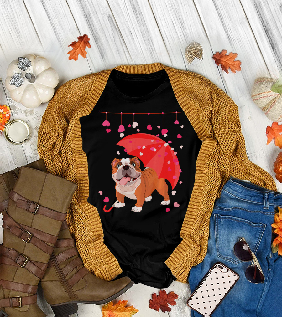 French Bulldog Raining Hearts Under Red Umbrella Valentines T-Shirt